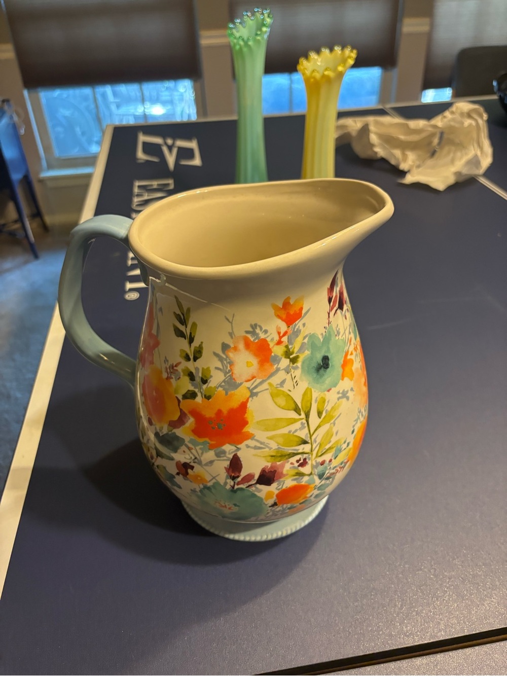 Large Pioneer Woman Floral Ceramic Pitcher - Blue Handle, Multicolor Flowers